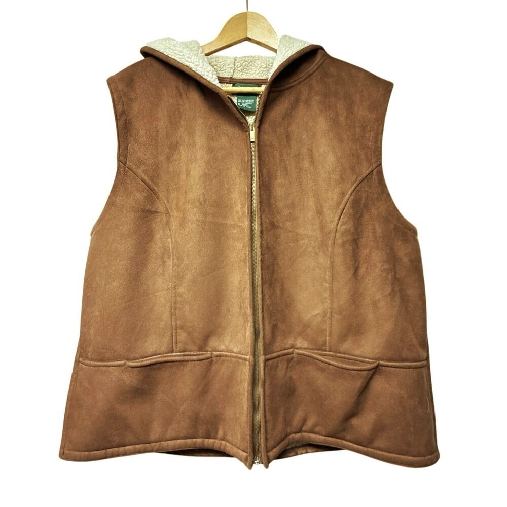 Lauren Ralph Lauren Womens Plus 3X Hooded Vest Brown Faux Suede Sherpa Western